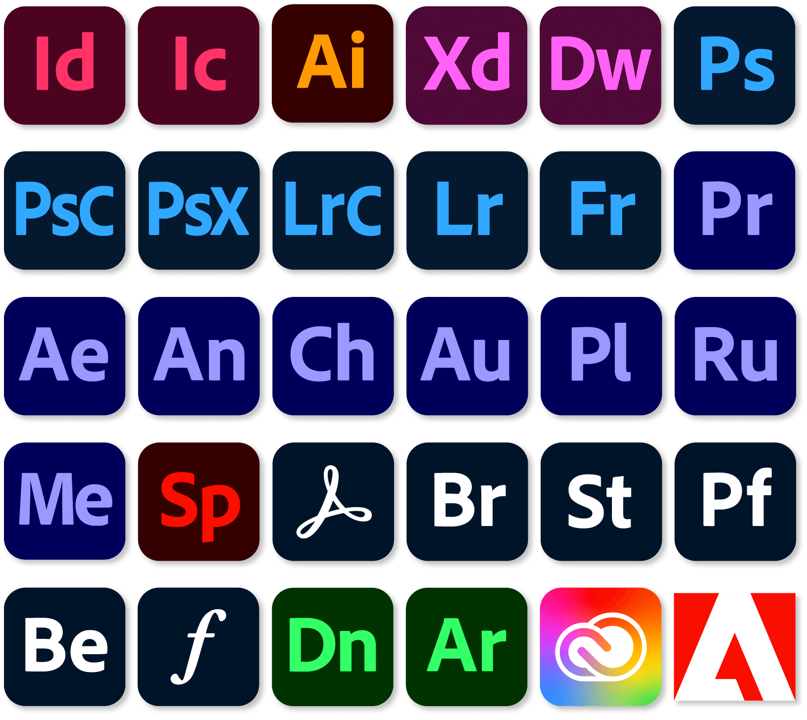 Adobe apps icon set 2022